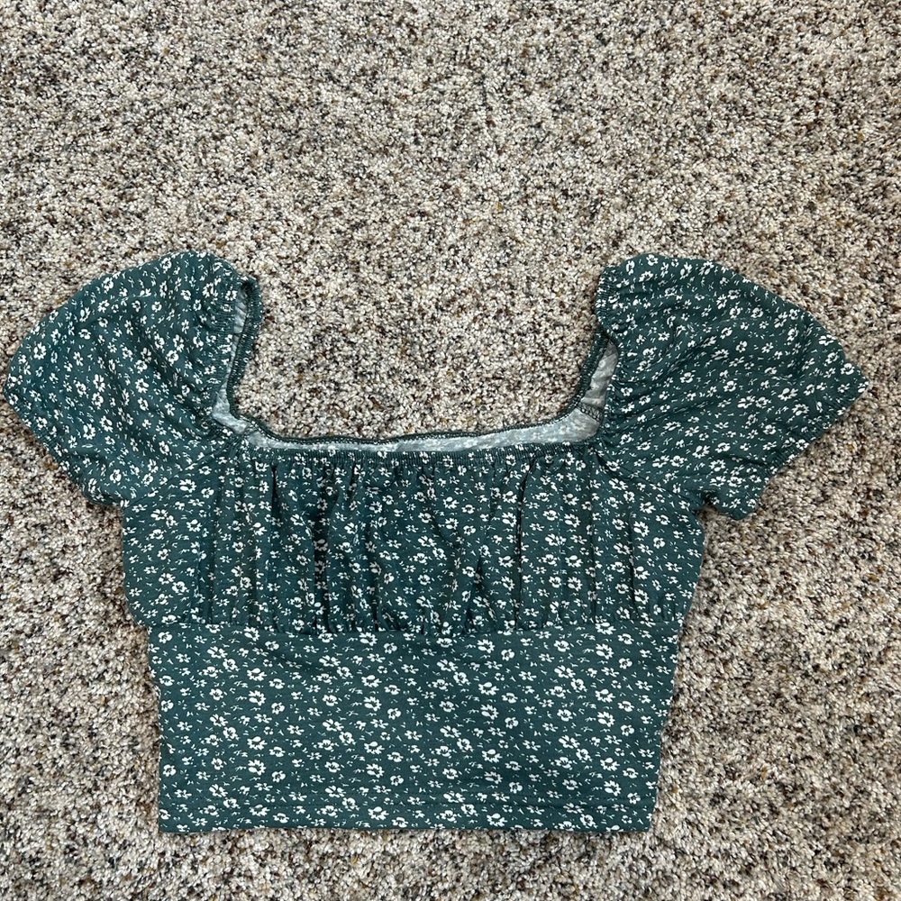 Green Floral Square-Neck Cropped Top